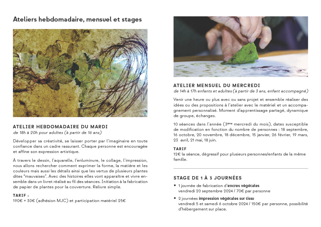 Programme 2024-2025, stages de 1 à 3 jours, ateliers hebdomadaire et mensuel. Arts et Nature, dessin, enluminure, peinture végétale, technique de fabrication de papier de plantes.